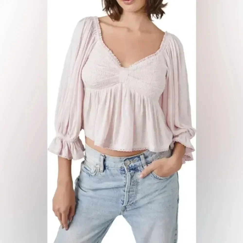 Free People Top Women Small Pink Brittnee Smocked Peplum Shirt Peasant Milkmaid